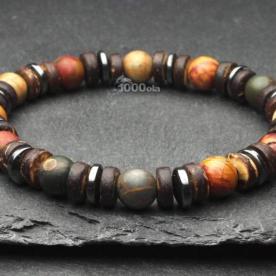 Beautiful Men's Bracelet/Woman Pearls - 8mm Natural Stone Jaspe Picasso, Coconut/Coco Wood, Hematite Made in France