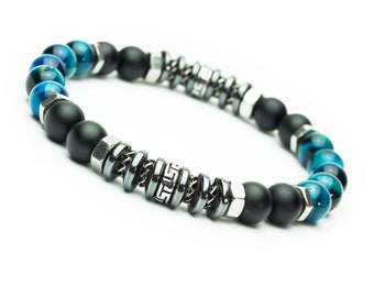 New! Bracelet style Tibétaine Homme/Femme perles 8mm pierres Œil de Tigre turquoise Agate noir Hématite acier inoxydable Fait en France