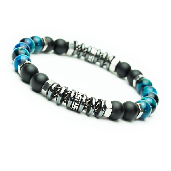 New! Bracelet style Tibétaine Homme/Femme perles 8mm pierres Œil de Tigre turquoise Agate noir Hématite acier inoxydable Fait en France