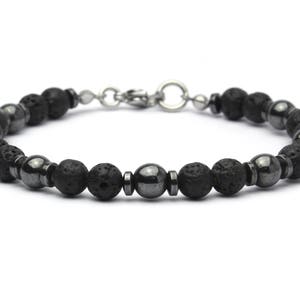 Pulseira masculina magnífica com contas Ø 6mm Pedra natural Lava vulcânica preta Hematita aço inoxidável mosquetão feito à mão