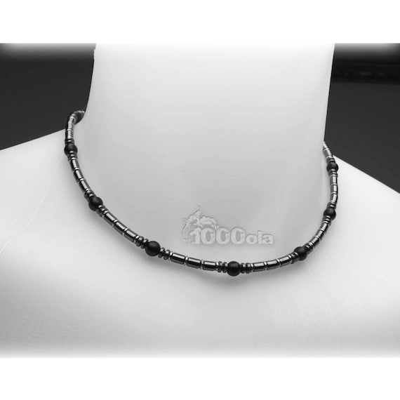 Beautiful High-end Jewelry Men's Necklace in Natural Stones Agate / Onyx Black 6mm hematite 4mm metal stainless steel