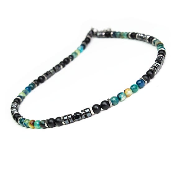EXCLUSIF | Collier Homme Femme – Perles 6mm Agate turquoise, bleu, noir, Hématite, Acier inoxydable couleur argent –  fait main en France FR