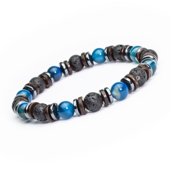 New! Elastic Bracelet Men/Women 8mm beads gemstones Agate turquoise Volcanic Lava Hematite coconut wood Made in France