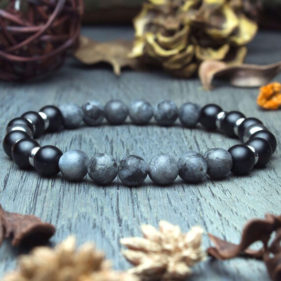 Men's Bracelet Beads Ø8mm in Natural Stone Larvikite Labradorite Matte Gray Agate/Onyx Rings Stainless Steel Handmade Creation 1000ola