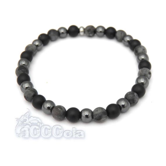 BRACELET Men's Pearls 6mm in natural stone Larvikite Labradorite grey Mat, Agate (onyx) black, Hematite