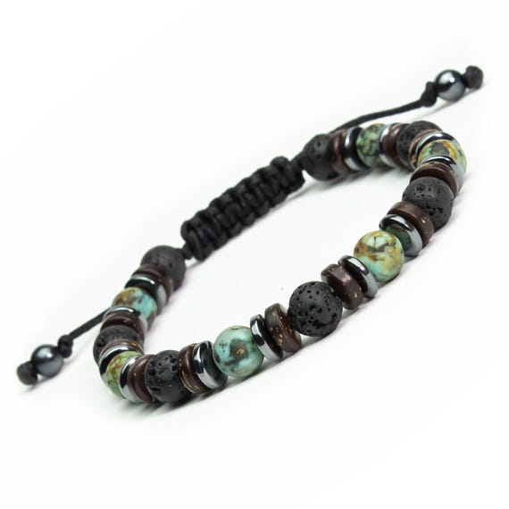 New! Men's/Women's Tibetan style bracelet 8mm beads African Jasper stones turquoise Volcanic Lava Hematite coconut wood Made in France