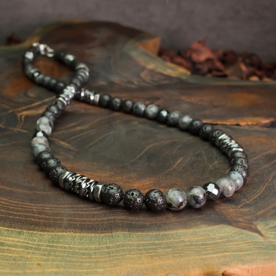 Necklace Man pearls 6mm natural stone Larvikite Labradorite matte grey Volcanic Lava black washers Hematite metal INOX Antique style