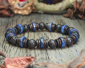 Magnifique Bracelet Homme perles pierres naturelles Lapis Lazuli Ø10mm, Lave Volcanique Bois Cocotier/Coco Ø8mm Fait main Création 1000ola