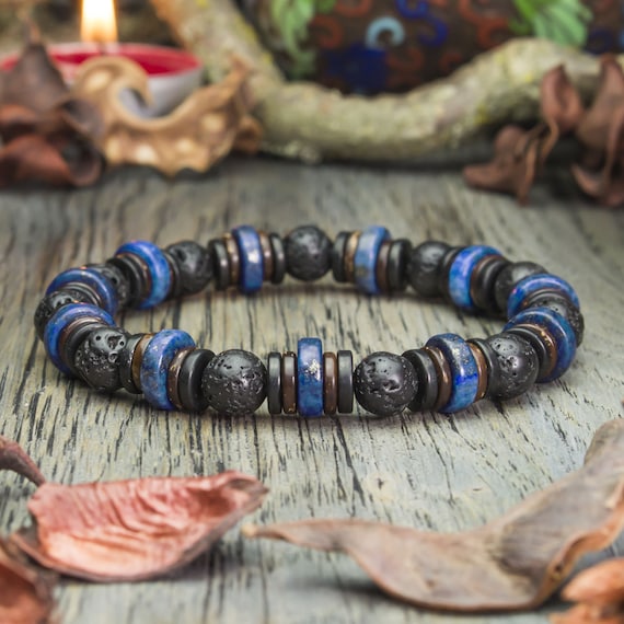 Magnificent Men's Bracelet natural stone beads Lapis Lazuli Ø10mm, Volcanic Lava Coconut Wood/Coconut Ø8mm Handmade Creation 1000ola