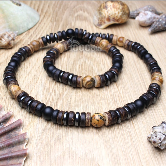 Necklace style surfer / surf man / men's pearls Ø 8mm Natural stone Jasper / Jasper Picasso Agate Matte black Wood Coconut / Coconut Ø 8mm P212