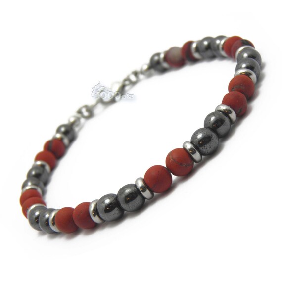 Elegant BRACELET Man/Men's Pearls 6mm Natural Stones Jasper Matte Red + Hematite + Carabiner Clasp Stainless Steel/Stainless P70