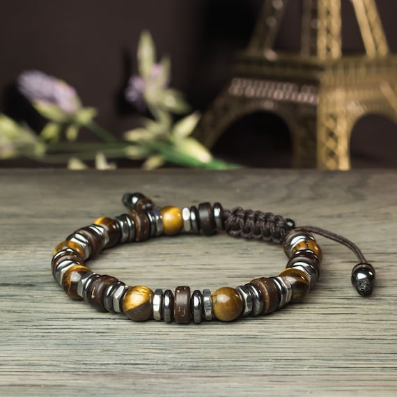 Gorgeous men's/women's bracelet Ø 8mm beads Tiger eye Hematite stainless steel wood Coco Tibetan made in France