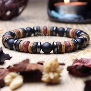 Sublime Men&#39;s Bead Bracelet Ø 8mm Natural Stone Jasper/Jasper Picasso red gate Black Mate Hematite, Coconut Wood/Coconut