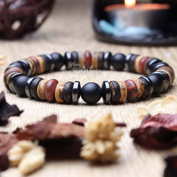 Sublime Men's Bead Bracelet Ø 8mm Natural Stone Jasper/Jasper Picasso red gate Black Mate Hematite, Coconut Wood/Coconut