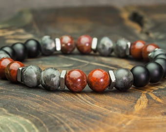 Men's pearl bracelet - 8mm gemstones Jaspe Rouge Larvikite Labradorite Agate black matte Style Tibetan Steel stainless steel Made in France 1000ola