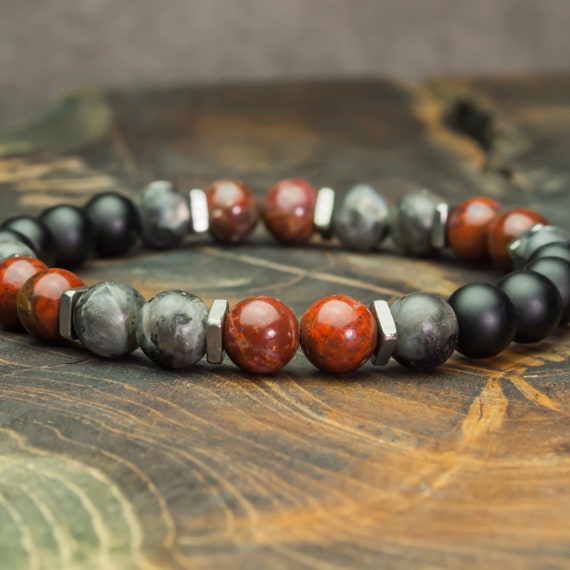 Bracelet homme perles Ø 8mm pierres gemme Jaspe Rouge Larvikite Labradorite Agate noir mat Style Tibétain Acier inox Made in France 1000ola