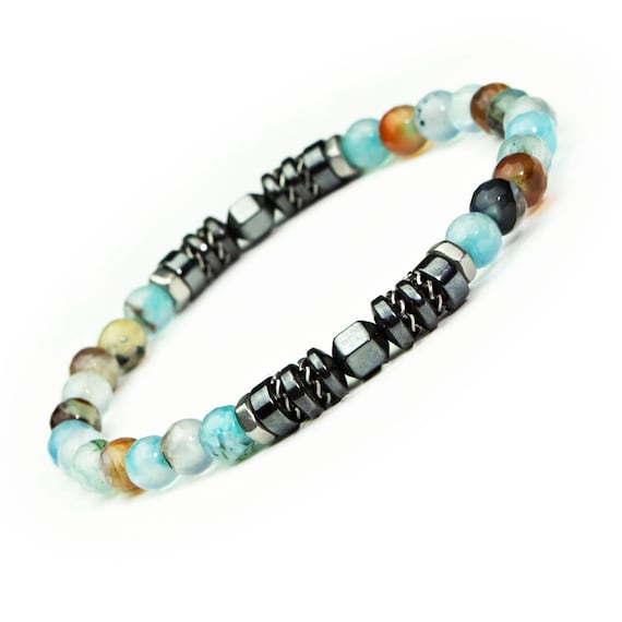Bracelet élastique Homme Femme perles 6 mm pierre naturelle Agate bleu mer, Hématite, acier inoxydable couleur argent – fait main en France