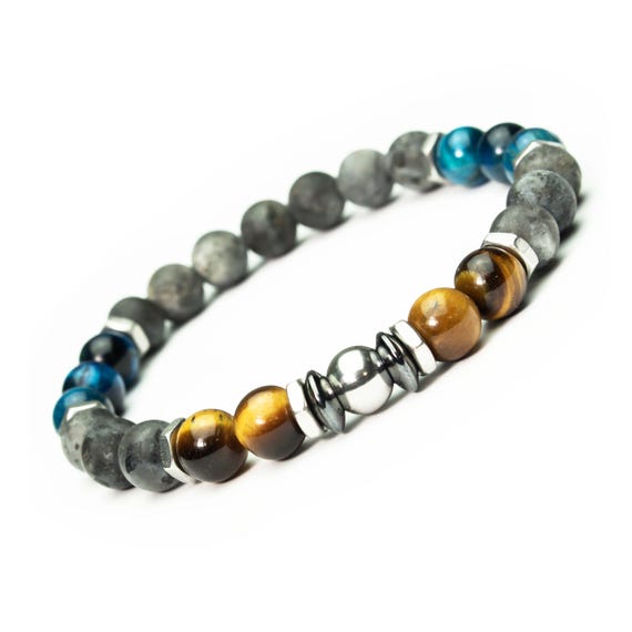 FR - Dare to be elegant! Exclusive French creation: Men's Tiger's Eye Bracelet in Turquoise, Larvikite, Stainless Steel, Natural Stones, 8 mm