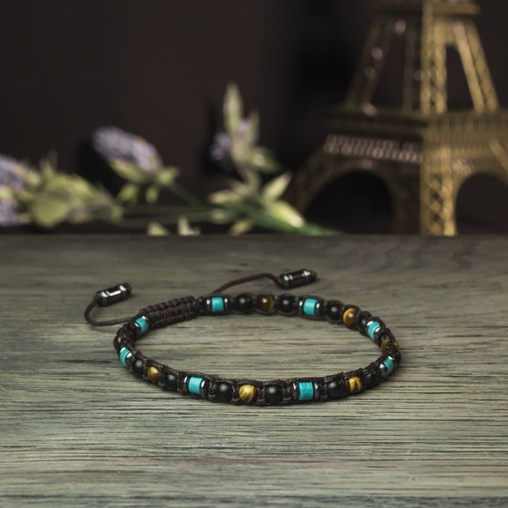 Beautiful Bracelet Man/Woman Ø4mm Pearls Turquoise Eye Tiger Agate/Onyx Matte Black Hematite Tibetan Style BRATIFIAN18