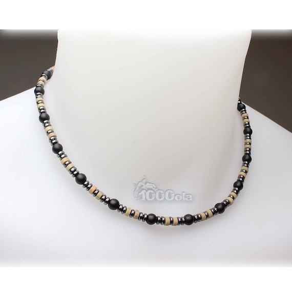 Bijoux Haut de Gamme Collier Homme pierre Naturelle Serpentine beige 4mm Agate/Onyx noir 6mm hématite 4mm métal inoxydable