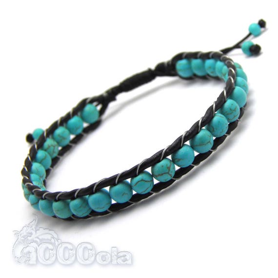 Men's/Woman's Bracelet Leather REAL Pearls - 6mm pearls Natural stone howlite turquoise color