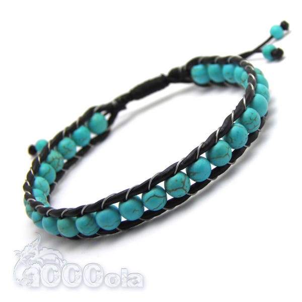 Bracelet Homme/Femme Cuir VÉRITABLE Perles Ø 6mm perles Pierre naturelle howlite couleur turquoise