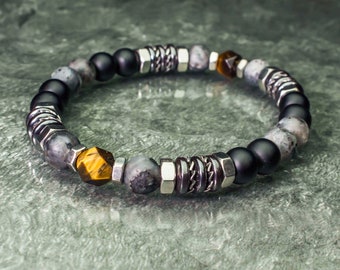 Bracelet perles 8mm pierres naturelles Œil Tigre Facette Labradorite Gris mat Agate/Onyx noir Hématite Acier inox Fabriqué en France 1000ola