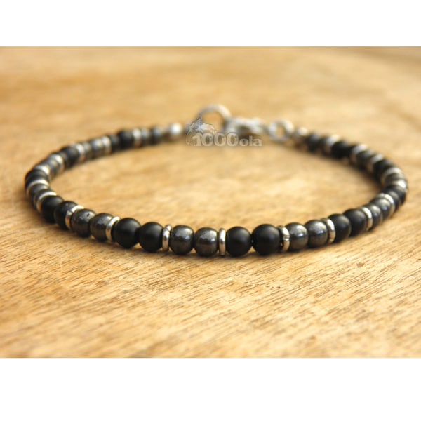 New BRACELET Homme/Femme Perles 4mm pierre naturelle Agate noir mat hématite Noir anneaux fermoir mousqueton Métal inoxydable/inox P72