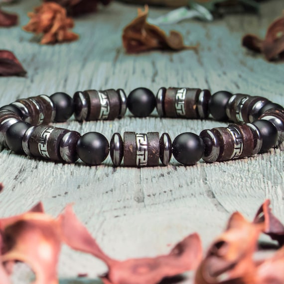 Sublime Bracelet Men/Men Style Tibetan Pearls -8mm Natural Stone Agate Black Matte Stainless Steel Hematite Wood Coconut Made in France