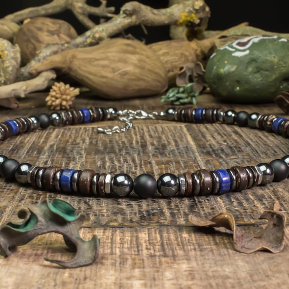 Sublime Necklace Man / Women Natural Stone 8mm Lapis Lazuli Agate / Onyx black matte wood coconut hematite stainless metal silver color