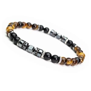 Exceptional! Tibetan style bracelet for men and women, 6 mm beads, yellow Tiger Eye stones, black agate, hematite, stainless steel, made in France