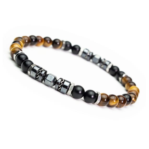Exceptional! Tibetan style bracelet for men and women, 6 mm beads, yellow Tiger Eye stones, black agate, hematite, stainless steel, made in France