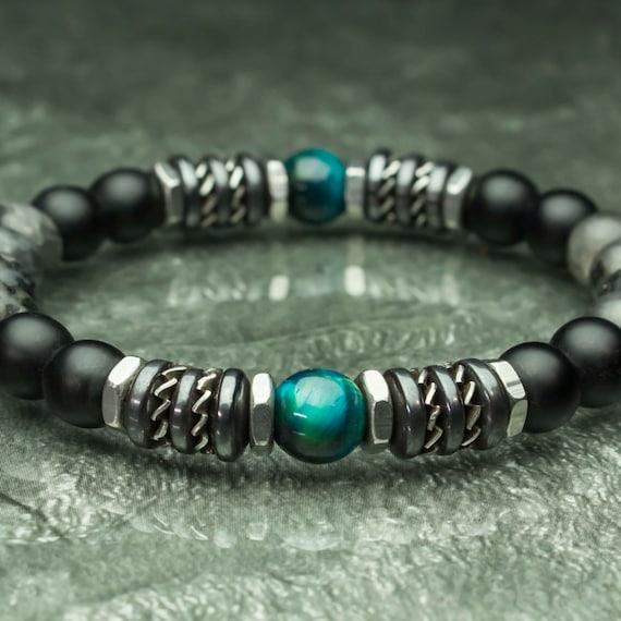 Bracelet pearls 8mm natural stones Eye Tiger Turquoise Labradorite Matt grey Agate/Onyx black Hematite Stainless steel Made in France 1000ola