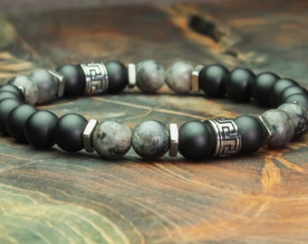 Bracelet Homme style Tibétaine perles 8mm pierres Labradorite Gris mat Agate/Onyx noir acier inoxydable/inox fait en France 1000ola