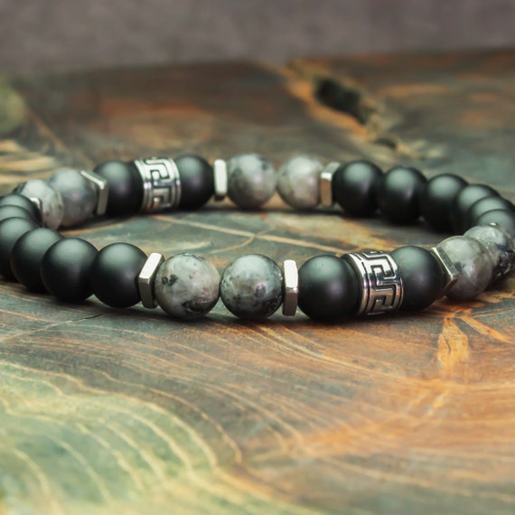 Bracelet Homme perles Ø8mm en pierre naturelle Larvikite Labradorite Gris  Mat Agate/Onyx Anneaux Acier inoxydable fait Main création 1000ola