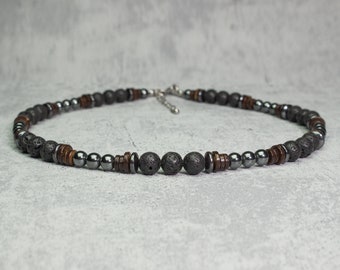 Collier Homme perles Ø6-8mm pierres naturelles Lave Volcanique Bois Cocotier/Coco Hématite en acier inoxydable/inox couleur argent