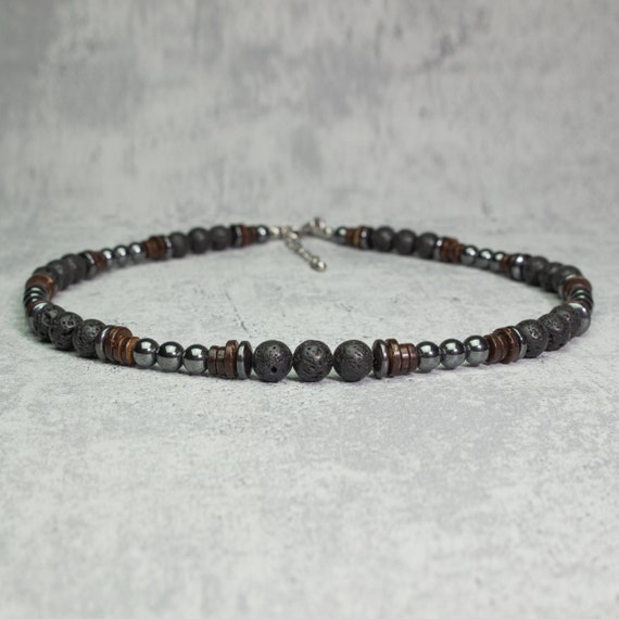 Necklace Man pearls Ø6-8mm natural stones Volcanic Lava Wood Coconut / Coconut Hematite stainless steel / stainless steel silver color