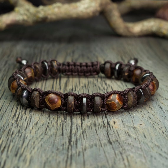 Bracelet men beads Ø 8mm natural stone agate motif Tibetan Hematite wood Coco/coconut palm Brown BRATIR nylon