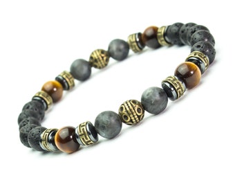 2022 Bracelet Homme perles 8mm Pierre Labradorite Lave Volcanique Œil de Tigre Hématite métal couleur Bronze Antique style Tibétain France