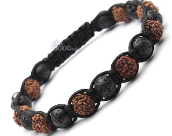 Magnifique Bracelet homme Bois graines Rudraksha Ø 8-9mm pierre lave volcanique P151