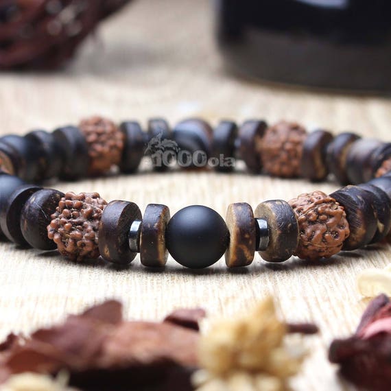Beautiful Men's Bracelet Natural Stone Beads Brown Agate Hematite Rudraksha Seeds, Coconut Wood/Coconut Ø 8mm