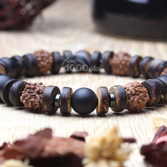 Magnificent Men's Bracelet Beads Natural Stone Brown Agate Hematite Rudraksha Seeds, Coconut/Coconut Wood Ø 8mm