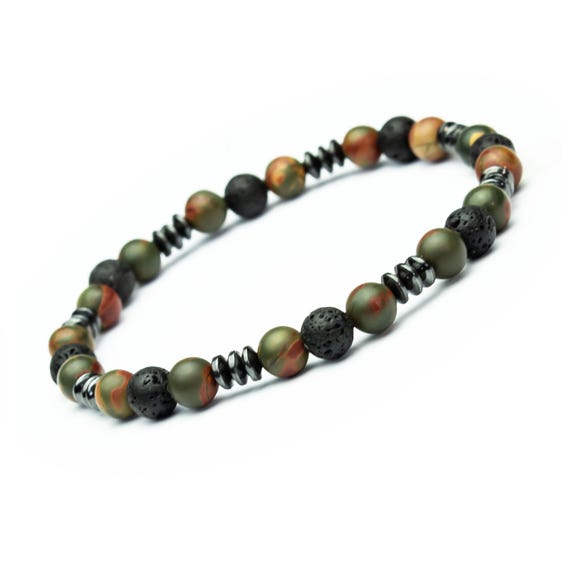 New! Men's or Women's Bracelet 6 mm beads Jasper stone/Picasso Jasper Volcanic Lava Hematite washers handmade in France Ø6mm 1000ola