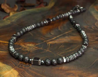 Collar hombre perlas 6mm lava volcánica negra cubos arandelas metal hematites ACERO INOXIDABLE estilo tibetano Made in France creación 1000ola