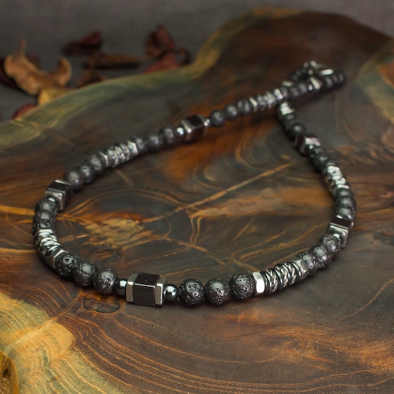 Men's necklace beads 6mm black Volcanic Lava stone cubes washers Hematite metal STAINLESS STEEL Tibetan style Made in France creation 1000ola