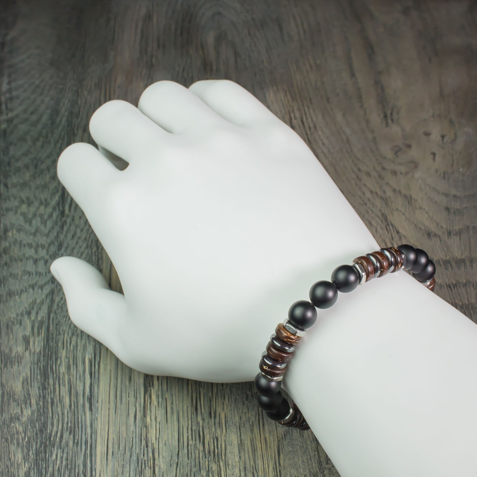 Bracelet Tressé Tibétain En Agate Noire Mat - Perles Naturelles, Longueur Ajustable - Neuf
