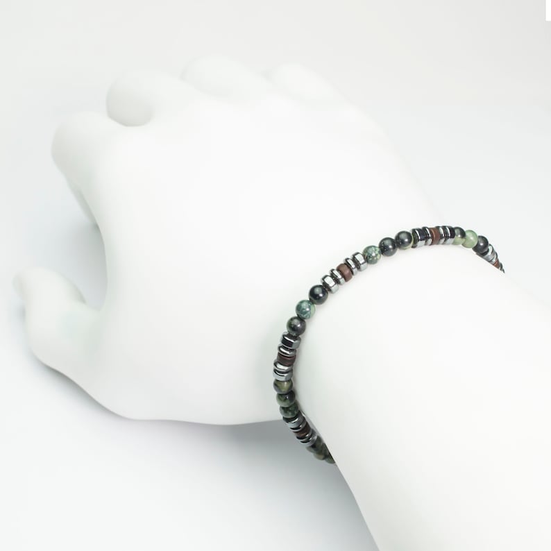 New Men's/Women's Bracelet with 4mm Natural Stone Beads, Green Jasper, Hematite, Coconut Wood, and Stainless Steel Lobster Clasp. image 5