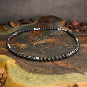 Collier Surfer Gris Noir Avec Perles D'hématite - Métal Acier - Bijou Vintage Comme Neuf
