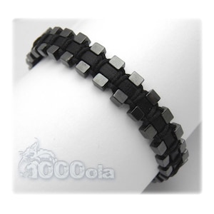 Men&#39;s/Men&#39;s black bracelet GENUINE Leather Beads Hematite cube 3mm