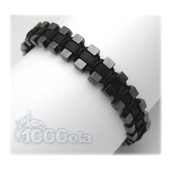 Men's/Men's black bracelet GENUINE Leather Beads Hematite cube 3mm